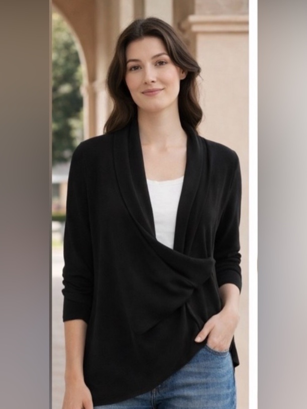 Velvet Wool/Cashmere Black Wrap Cardigan Sweater Pockets Sz Small Officecore
